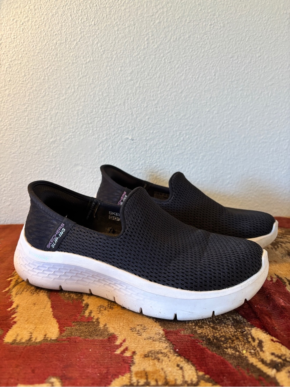 Skechers Black Slip-On Mesh Casual Sneakers with White Sole